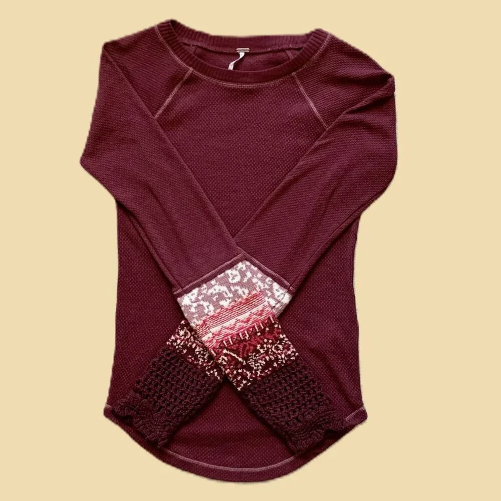 EUC Free People In The Mix Crochet Sleeve Top, Small, Rio Vino (Burgundy)